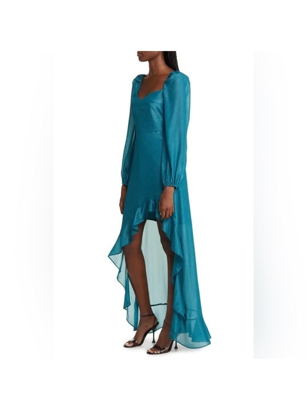 Floret Studios Cascading Ruffle Long Sleeve Satin Dress - teal - small - nwt